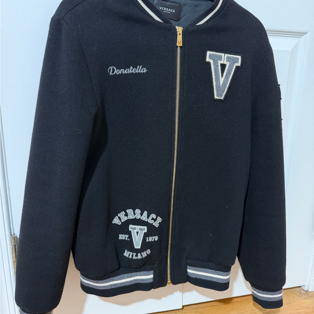 Versace Kids Black Varsity Jacket with White Trim